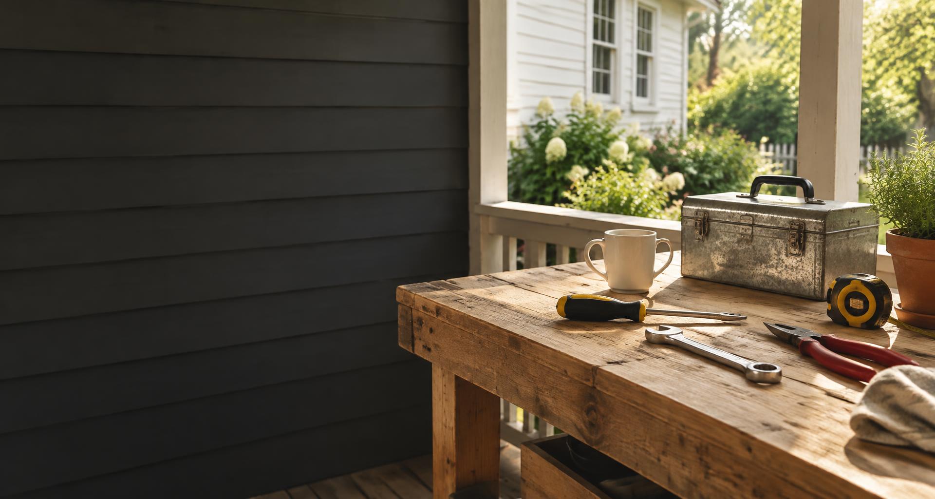 Home-repair tools and a mug on a sunny porch workbench